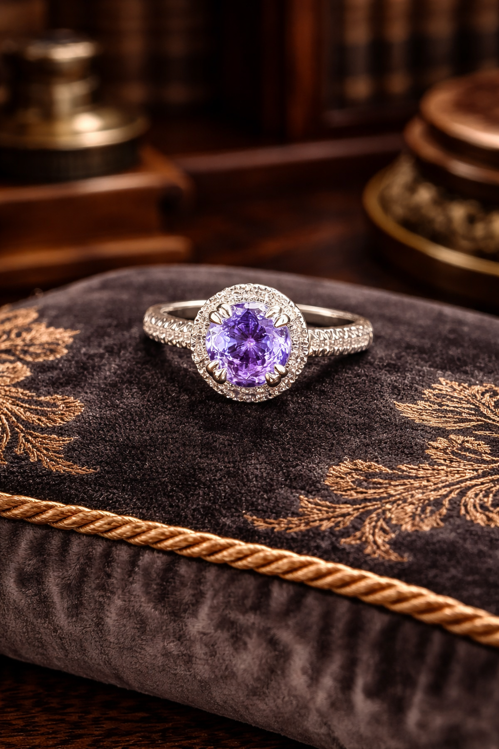 Silver Tone Purple Crystal Halo Ring Round Statement Cocktail Design