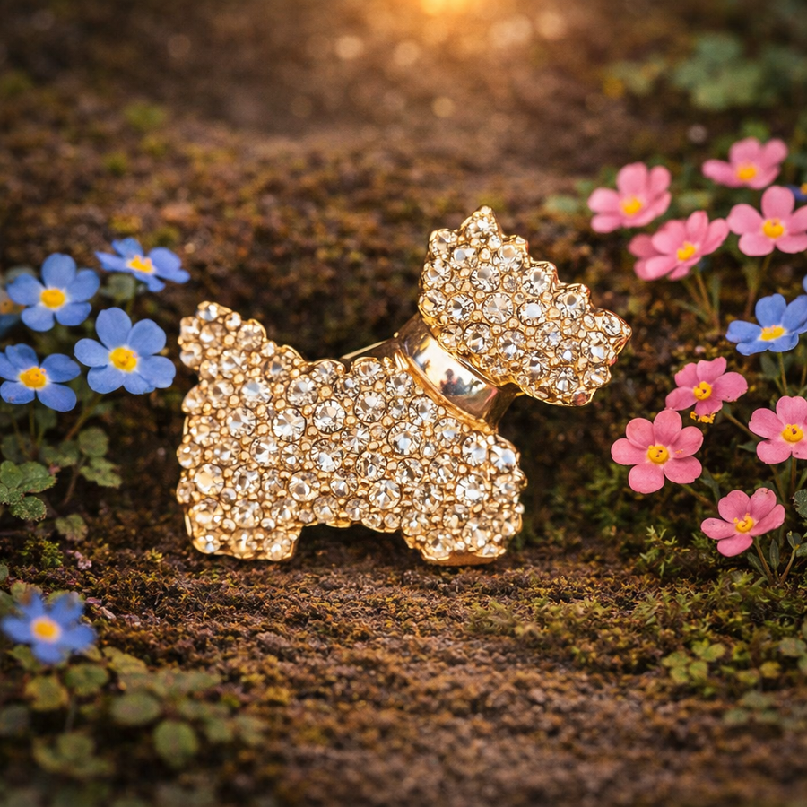 Small gold-tone Scottie dog brooch paved with clear rhinestones