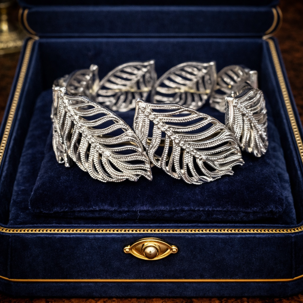Silver Tone Leaf Stretch Bracelet with Openwork Filigree Leaves, Botanical Statement Design, Curated Estate Inspired Glam