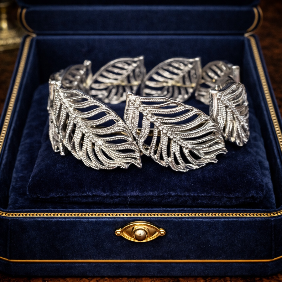 Silver Tone Leaf Stretch Bracelet with Openwork Filigree Leaves, Botanical Statement Design, Curated Estate Inspired Glam