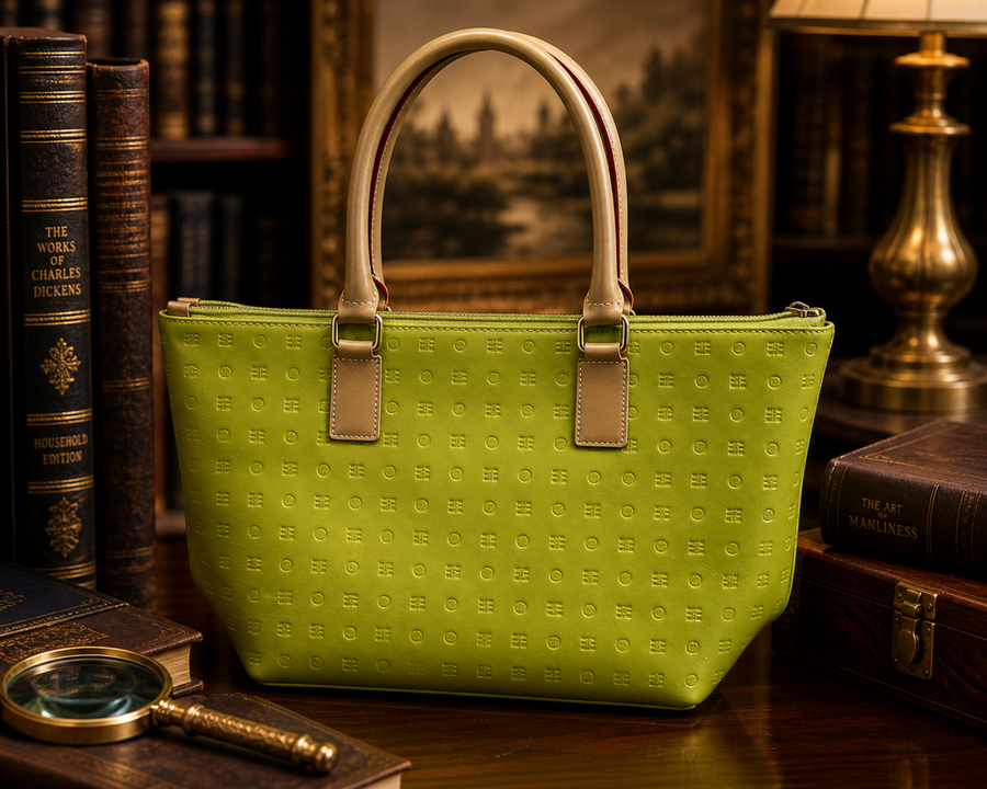 Lime green embossed patent leather shoulder bag with tan handles