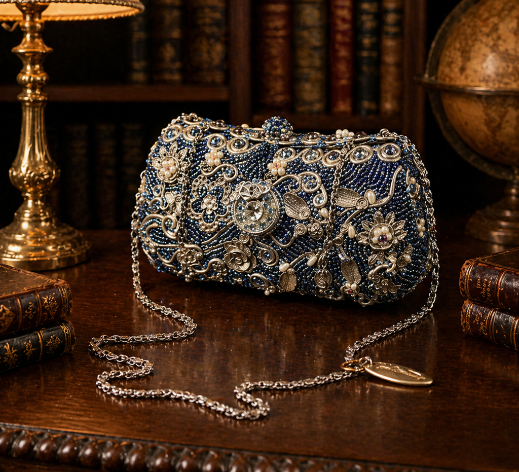 Mary Frances Beaded Floral Clutch with Chain Strap | Blue Gold Embellished Evening Handbag
