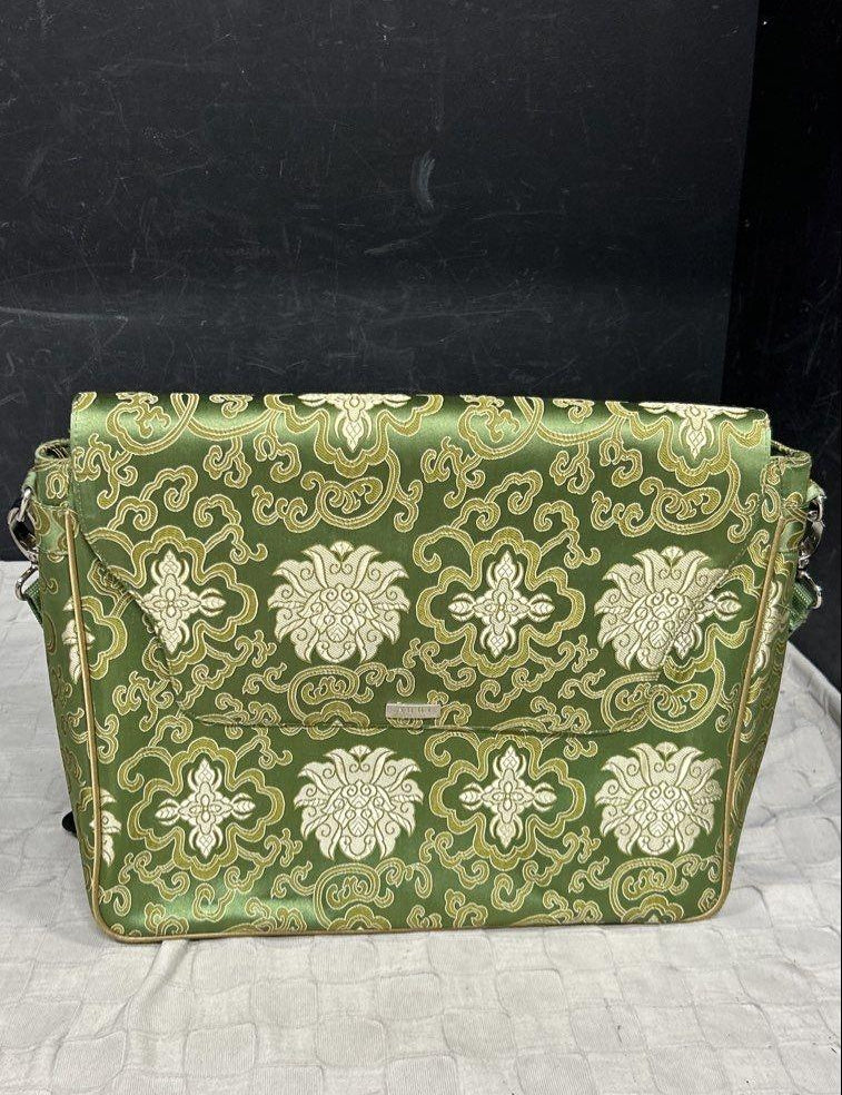 Green damask pattern flap-front briefcase bag with shoulder strap and pink lining, view 5