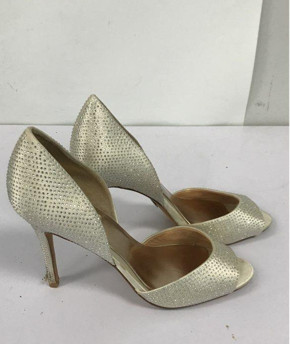 Badgley Mischka ivory embellished peep-toe high heels, view 9