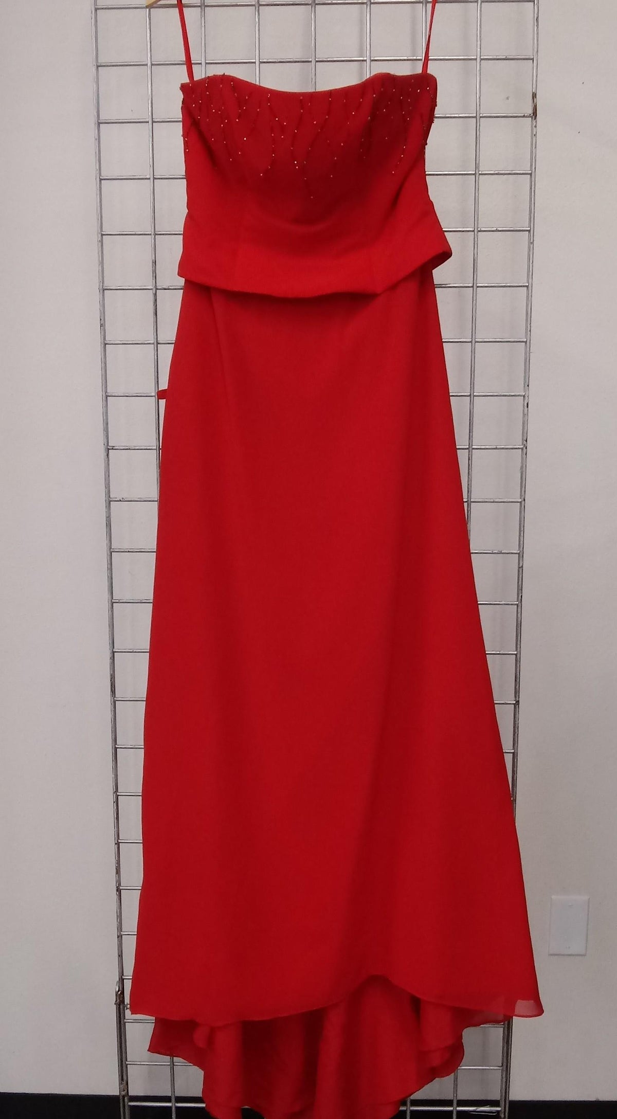 Red strapless formal dress with draped bodice, beaded detail and high-low hem, view 6