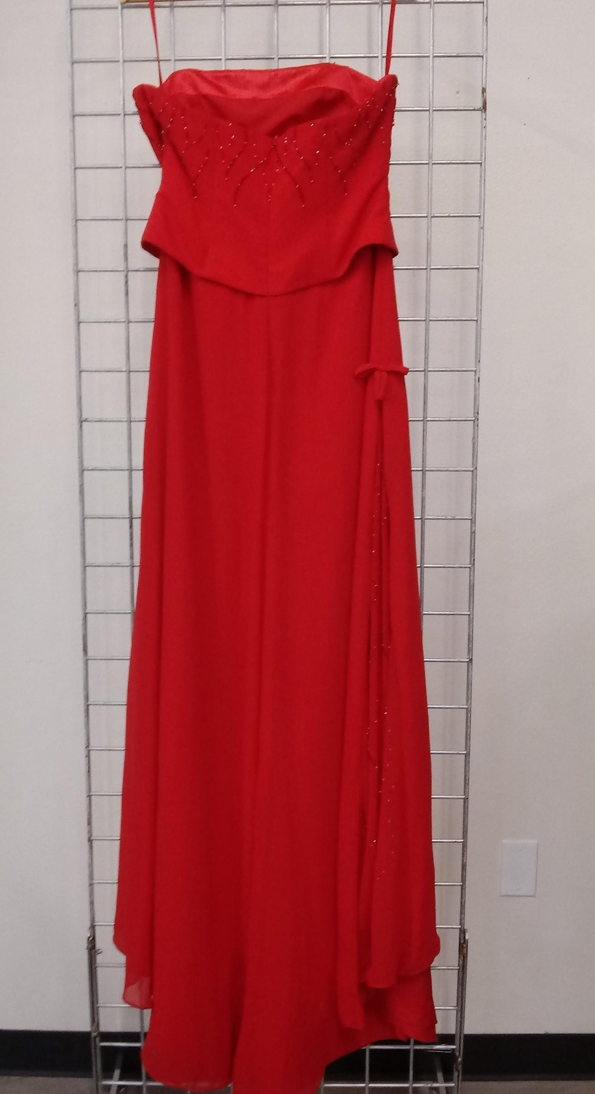 Red strapless formal dress with draped bodice, beaded detail and high-low hem, view 2
