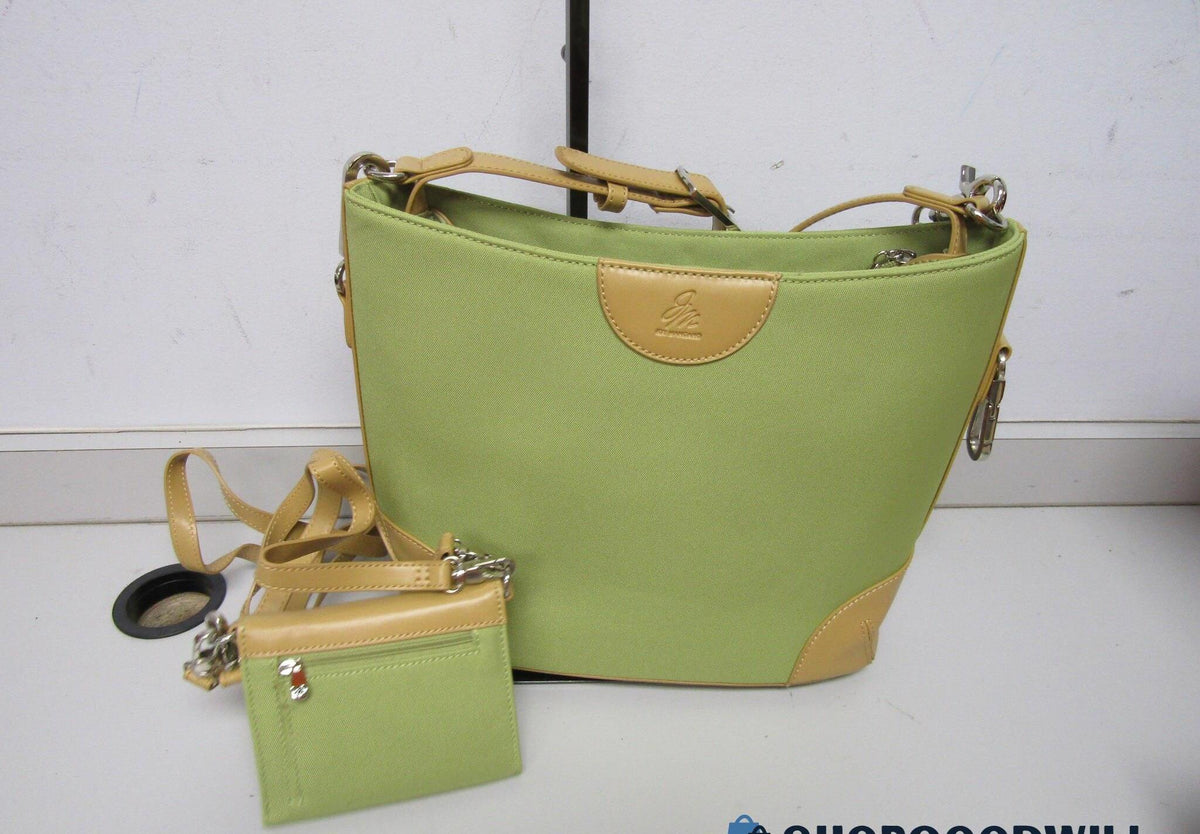 Soft green shoulder bag with tan accents, gold-tone hardware and coordinating pouch, view 6