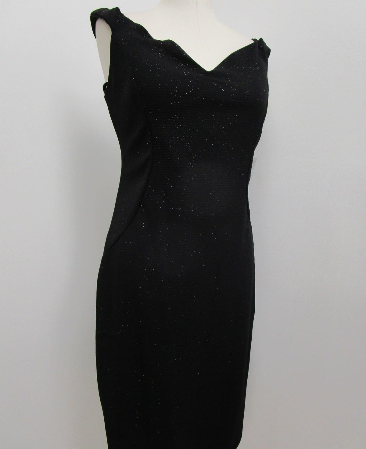 NWT Marina Black Glitter Off Shoulder Scallop Neckline Cocktail Dress Women 12