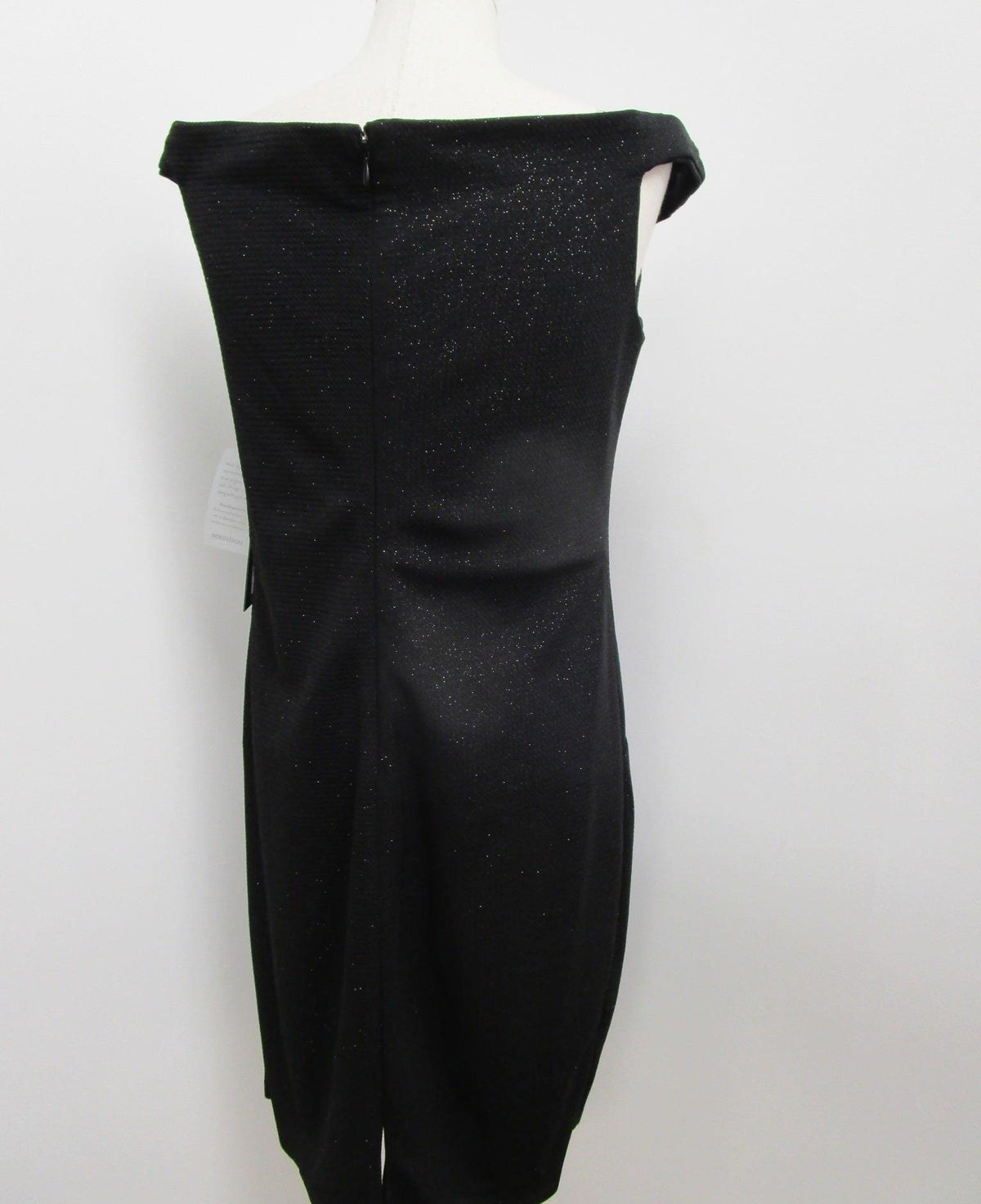 NWT Marina Black Glitter Off Shoulder Scallop Neckline Cocktail Dress Women 12