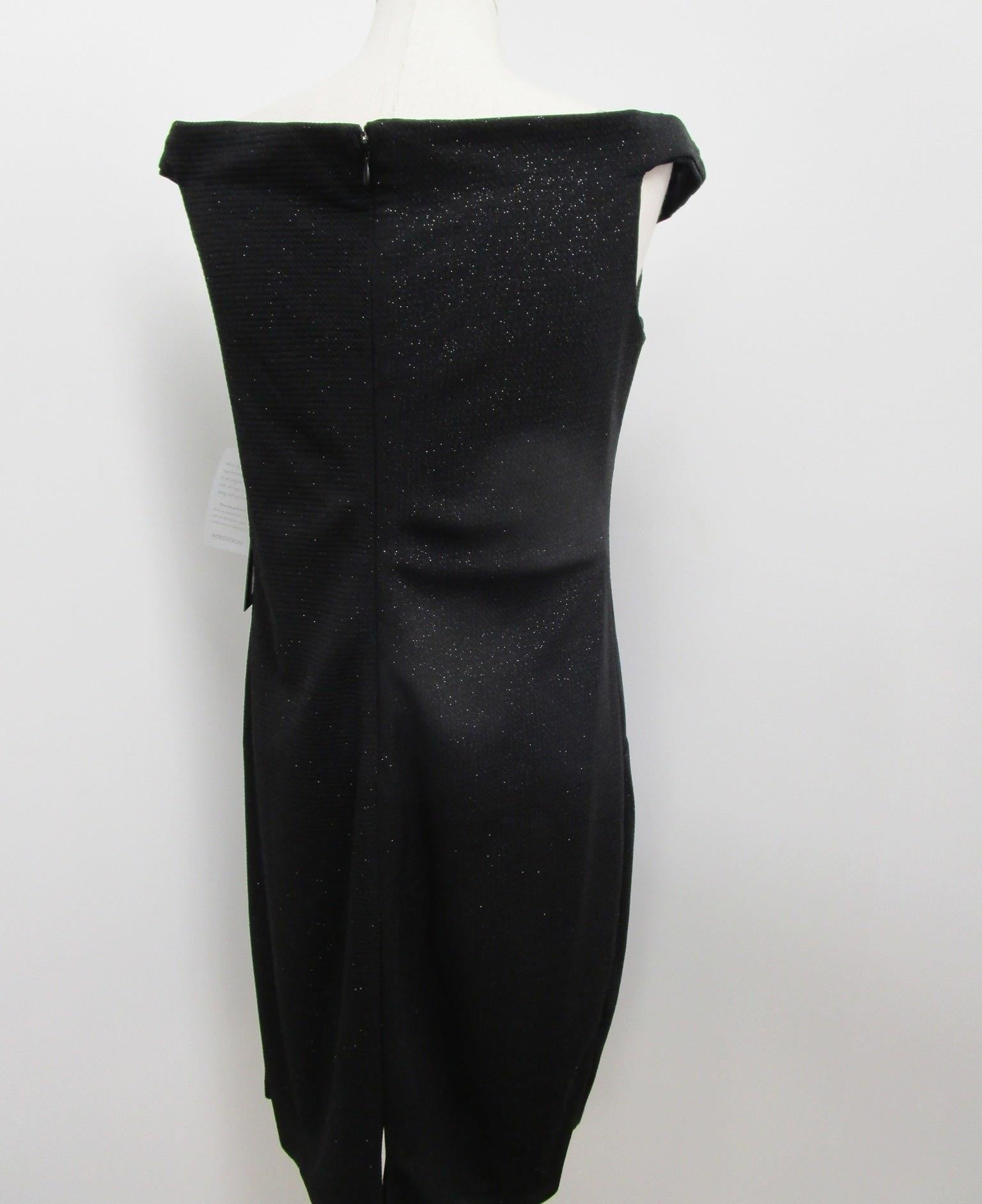 NWT Marina Black Glitter Off Shoulder Scallop Neckline Cocktail Dress Women 12