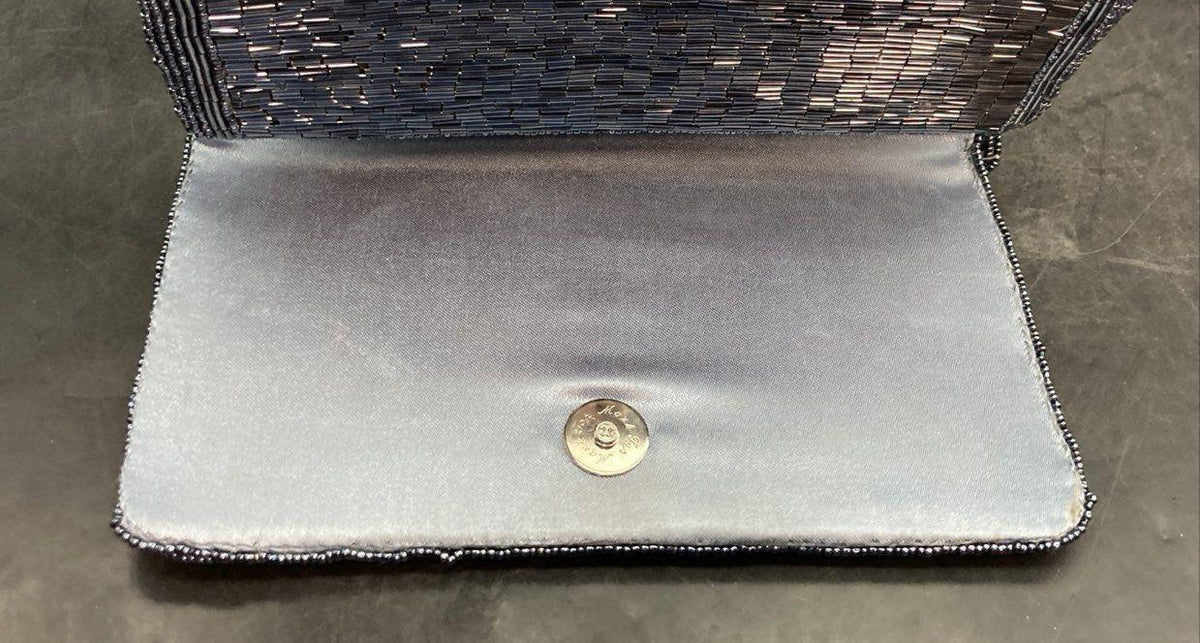 Blue beaded flap-front evening clutch with silver-tone chain strap, view 5