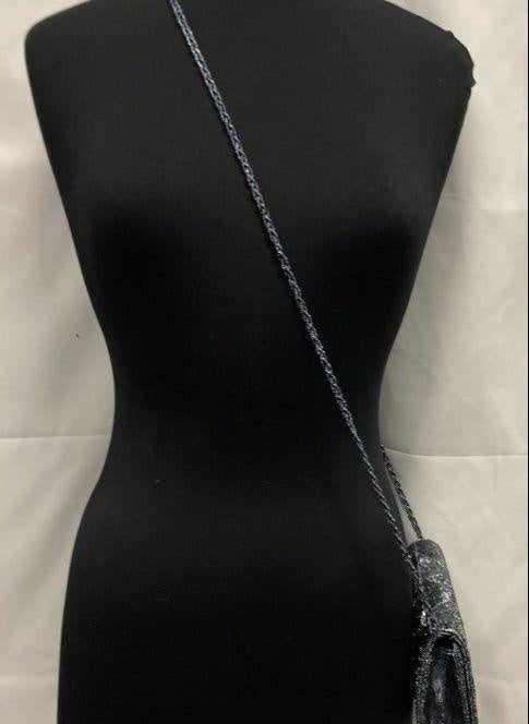 Blue beaded flap-front evening clutch with silver-tone chain strap, view 6