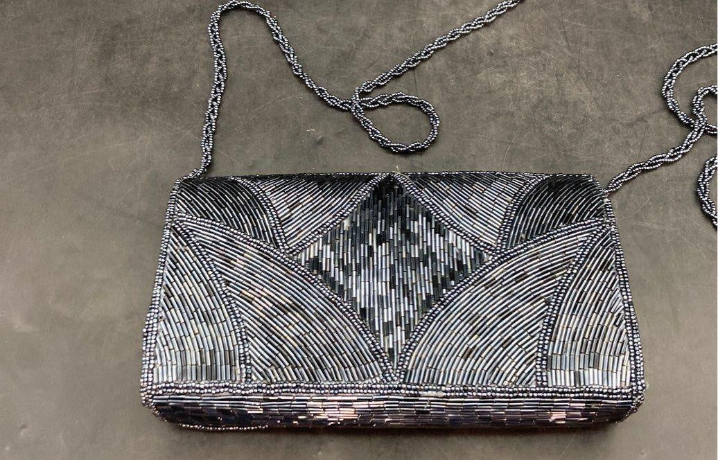 Blue beaded flap-front evening clutch with silver-tone chain strap, view 7