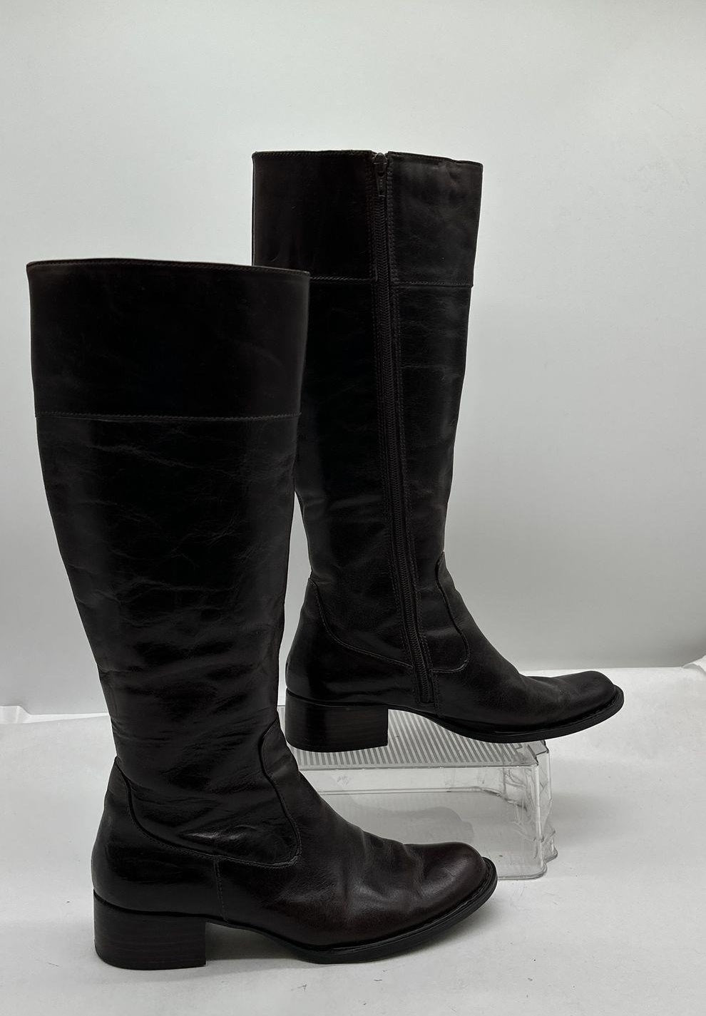 Born Crown black knee-high boots with round toe, side zip and low stacked heel, view 3