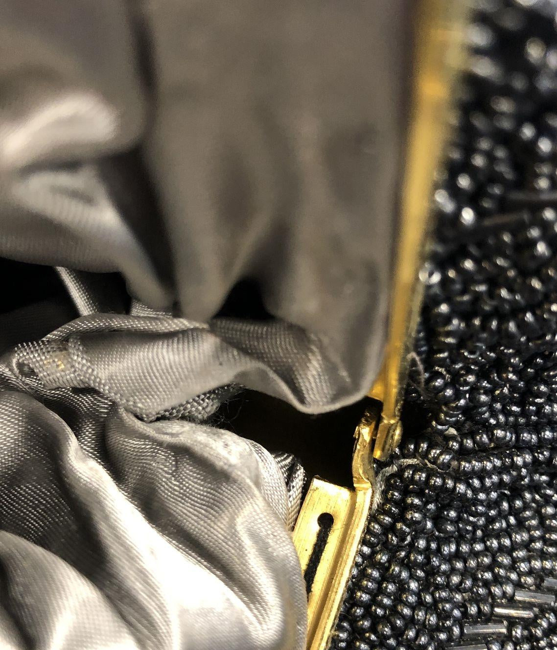 Black beaded and embroidered rectangular evening clutch with small top handle, view 4
