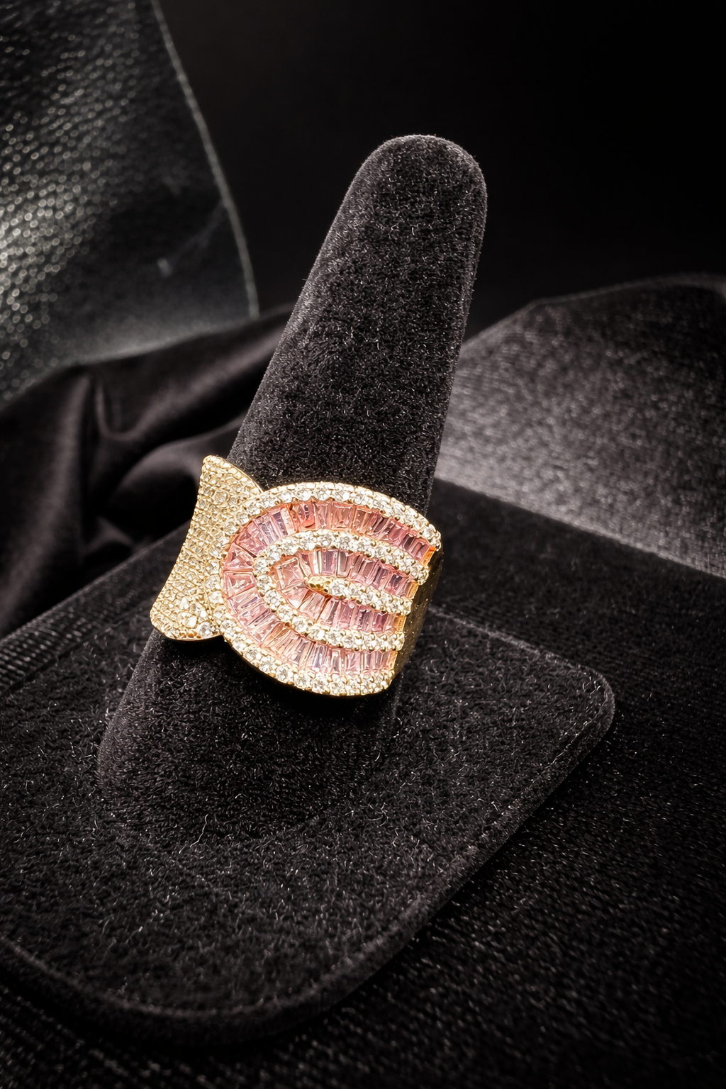 Rose Gold Tone Pink Crystal Statement Ring Baguette Wave Cocktail Design