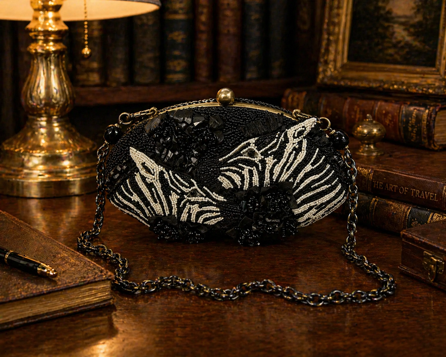 Mary Frances black and white zebra beaded evening clutch with chain strap