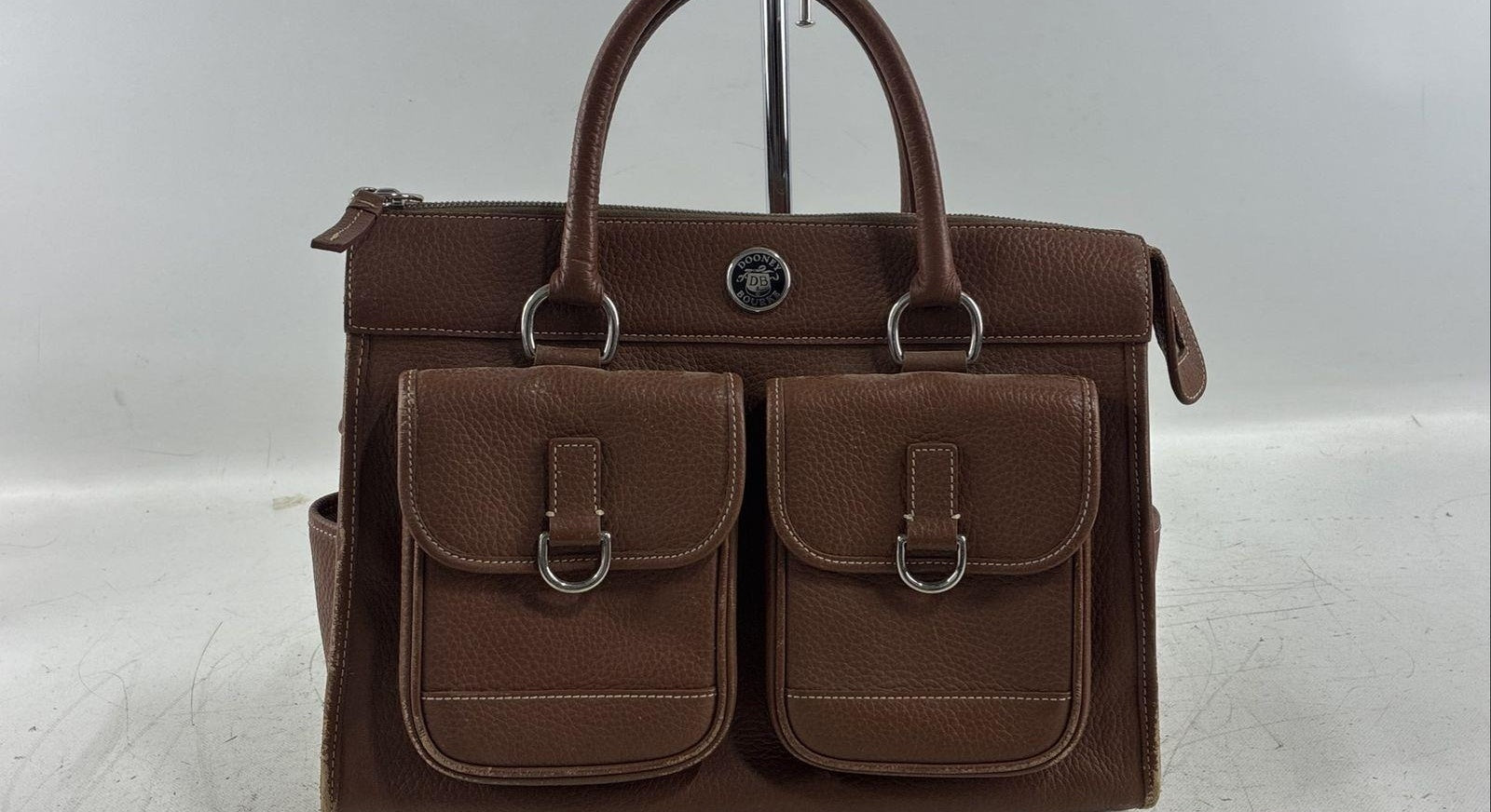 Dooney and Bourke Brown Leather Satchel Bag, Structured Pocket Tote with Shoulder Strap