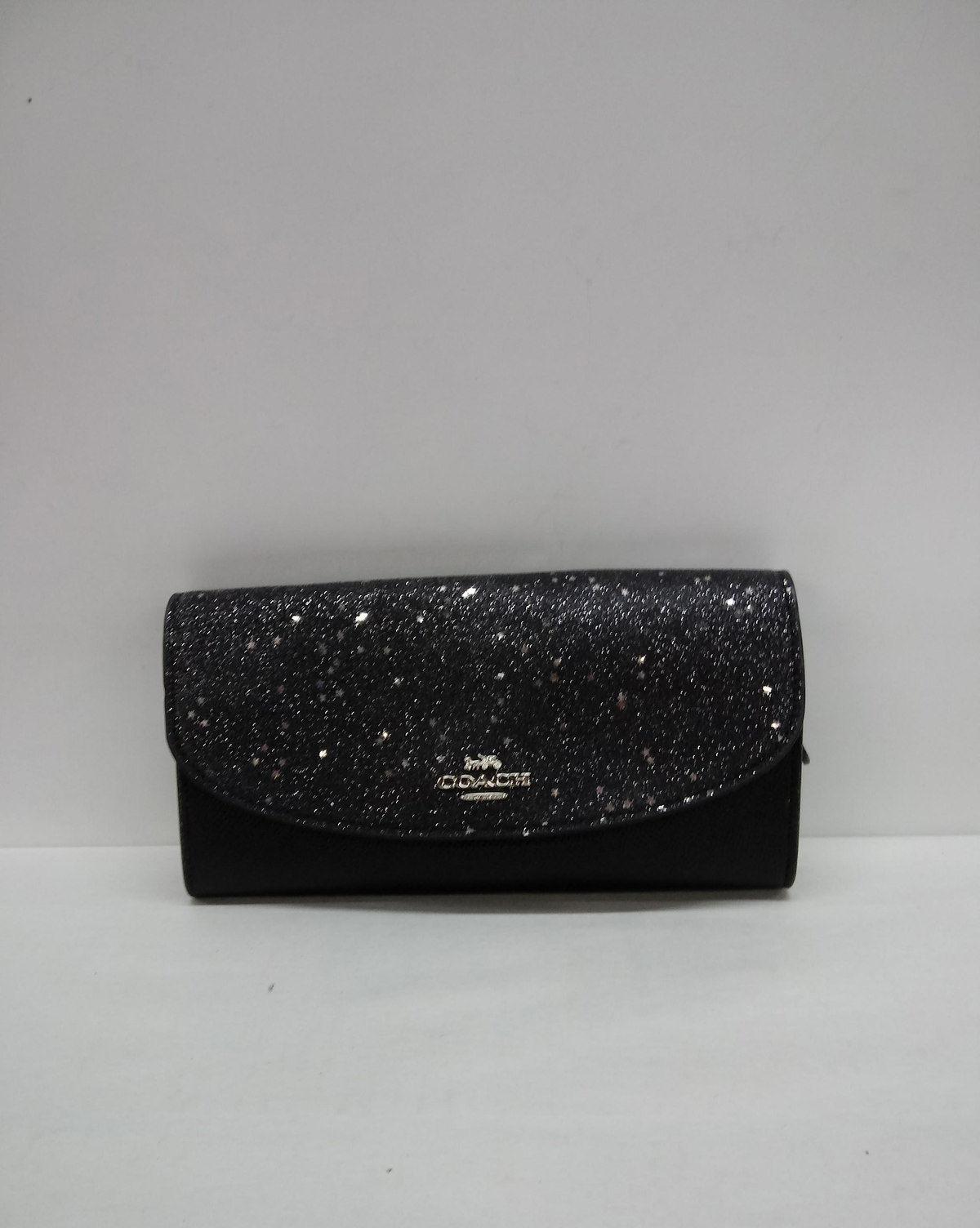 Coach black envelope wallet with glitter flap and silver-tone logo plaque, view 2