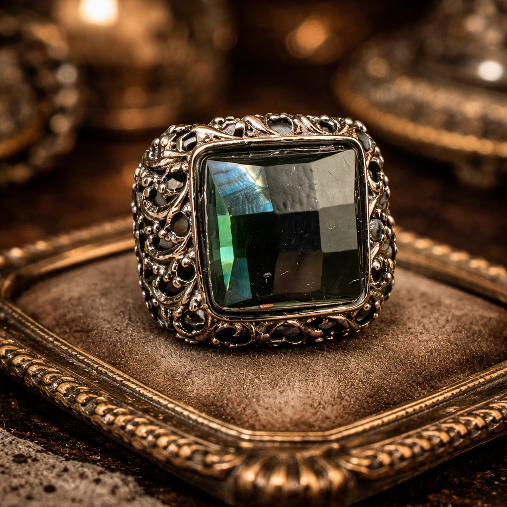 Bold Unisex Dark Green Faceted Stone Statement Ring with Black Crystal Accents
