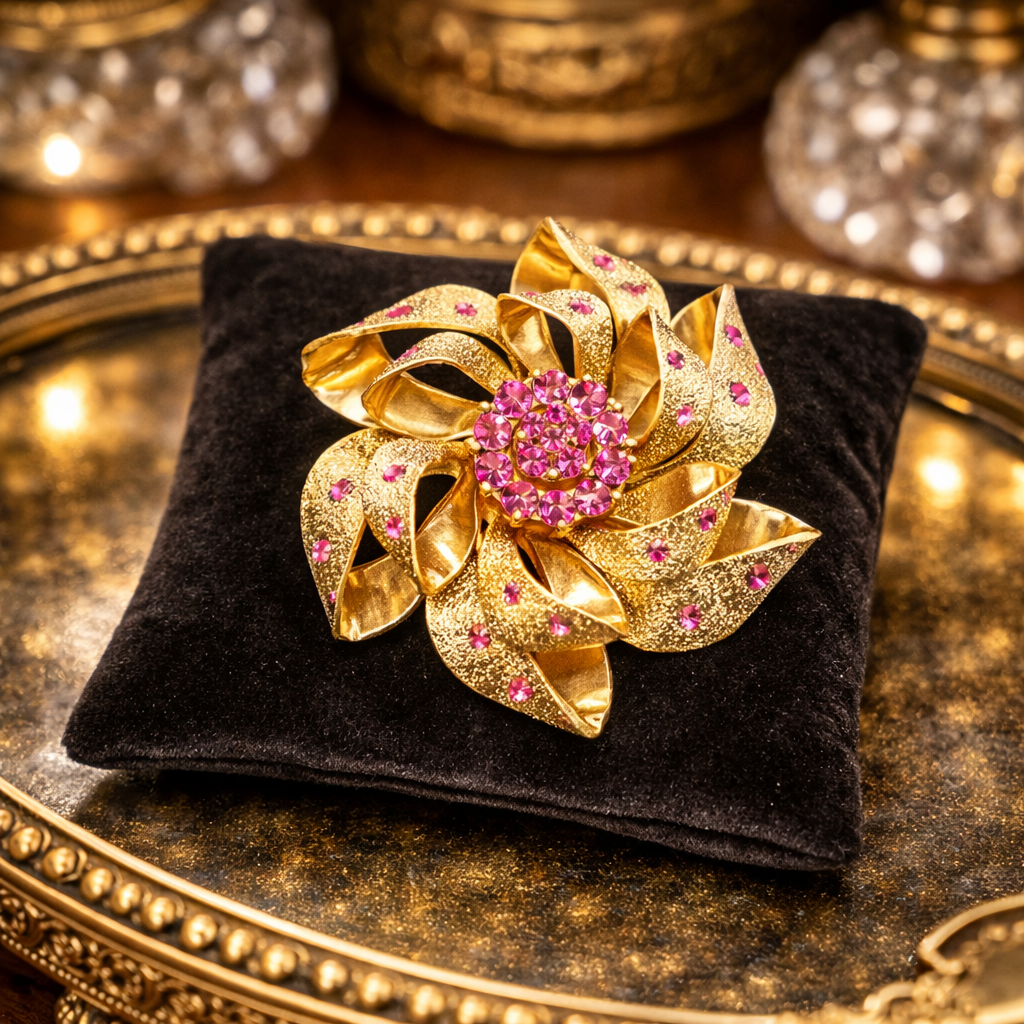 Gold-tone pinwheel brooch of textured ribbon swirls with pink crystal cluster center