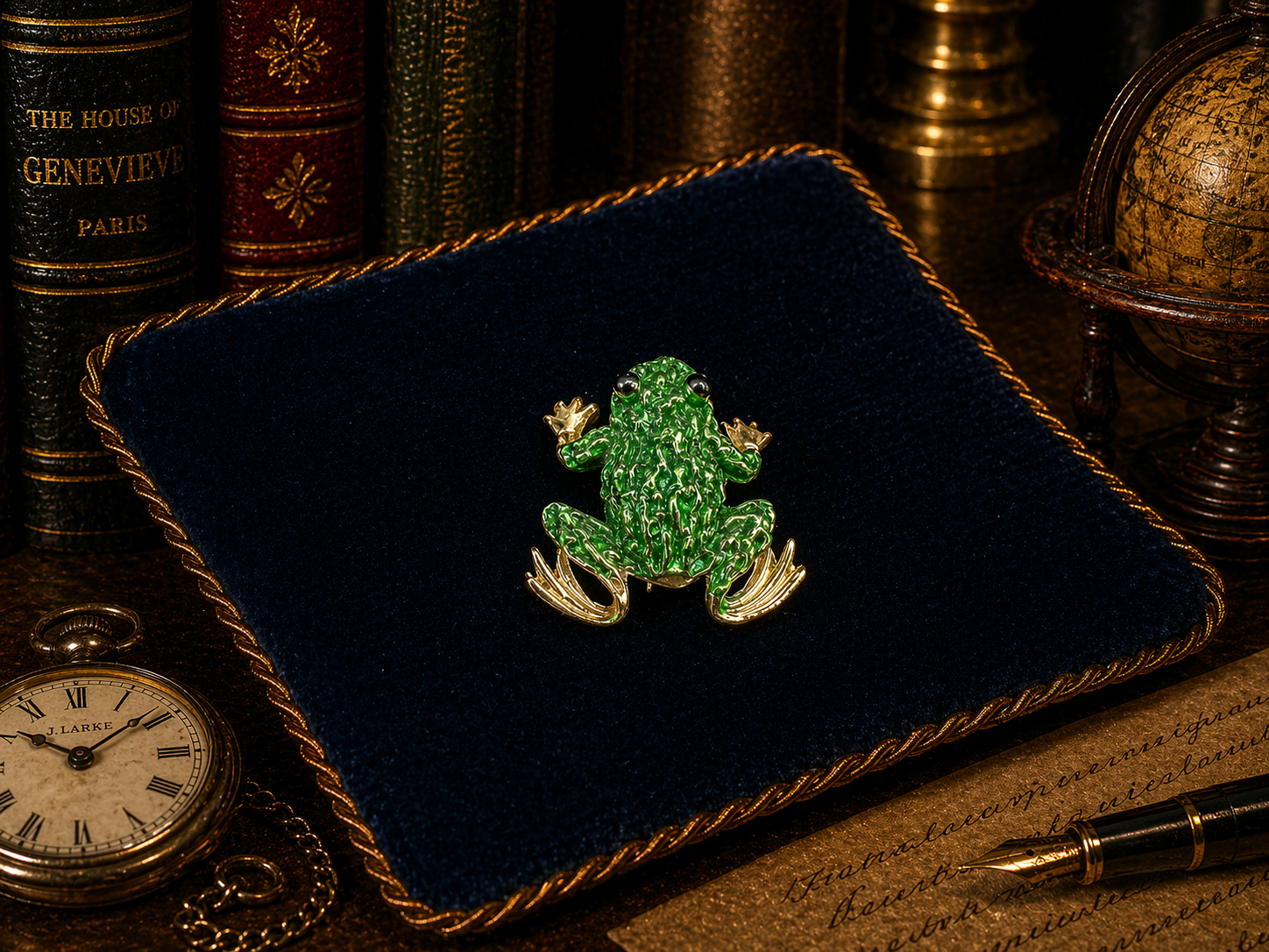 (SWAROVSKI) Gold tone green enamel frog brooch with black eyes
