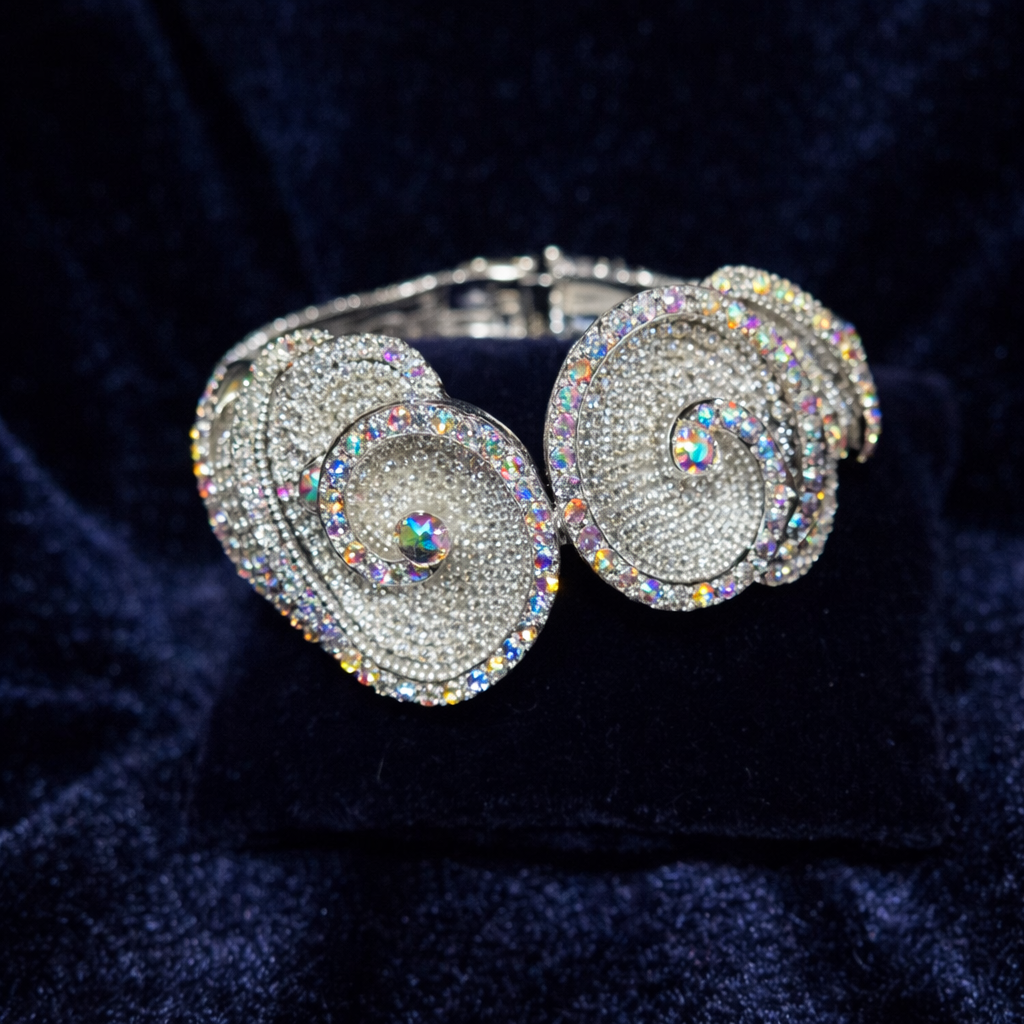 Silver-tone rhinestone clamper bangle with double swirl flower ends and iridescent crystals