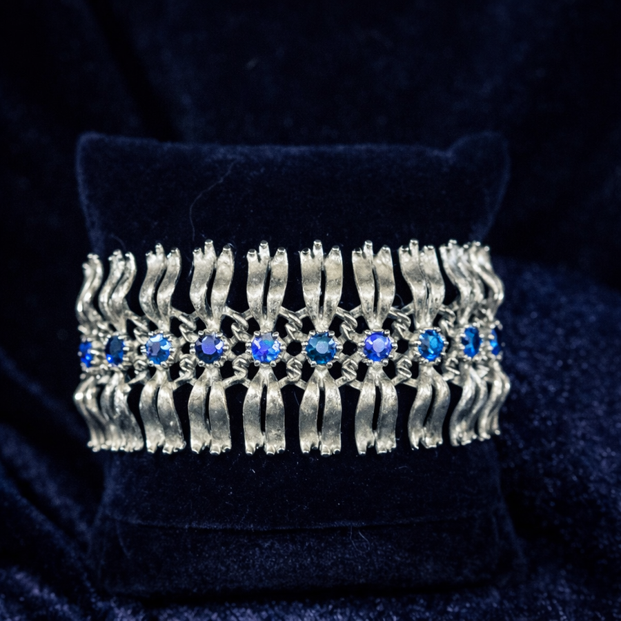 1960s–70s Lisner Silver Tone Wide Bracelet with Iridescent Rhinestones, Textured Link Design, Aurora Borealis Sparkle, Estate Statement Style