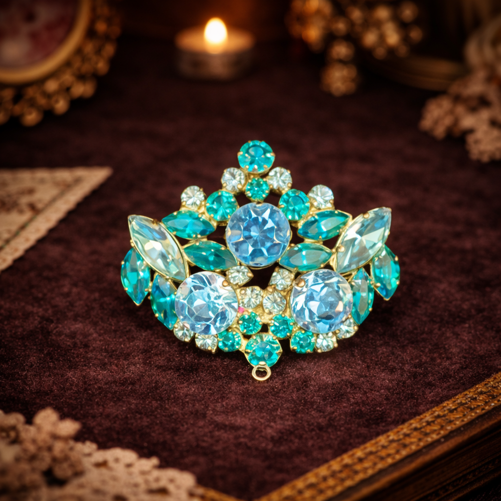 Silver-tone brooch pendant marked Austria with light blue and teal rhinestones