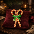 Christmas Candy Cane Brooch with Red Enamel and Green Bow