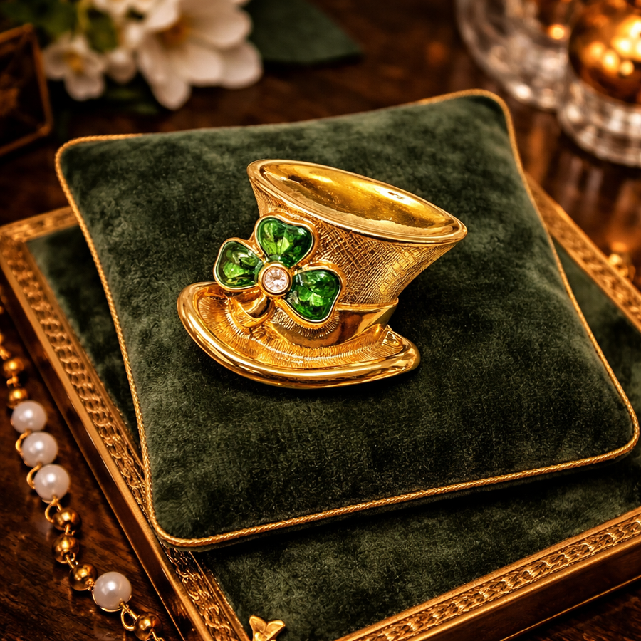 Gold-tone teacup brooch with green enamel shamrock and rhinestone accent