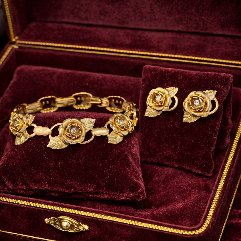 Vintage Gold Tone Rose Flower Bracelet and Clip Earrings Set with Clear Rhinestone Centers, Romantic Floral Link Design, Curated Estate Style