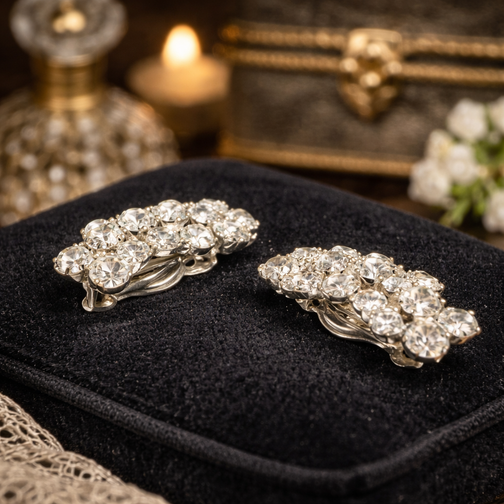 Silver-tone clip-on earrings with clustered clear rhinestones