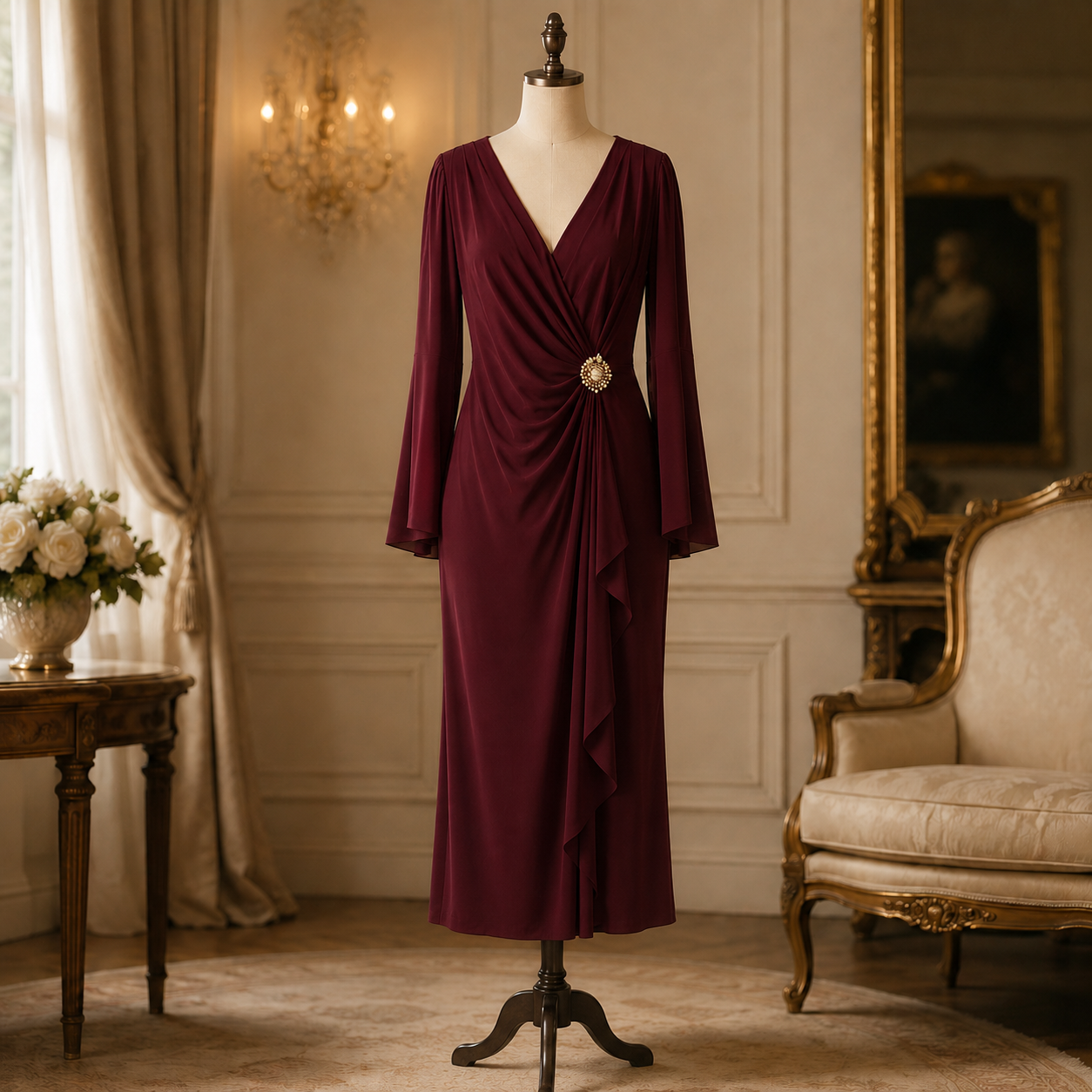 Lauren Ralph Lauren Burgundy Draped V-Neck Maxi Dress Size 14 | Formal Evening Dress with Brooch Detail