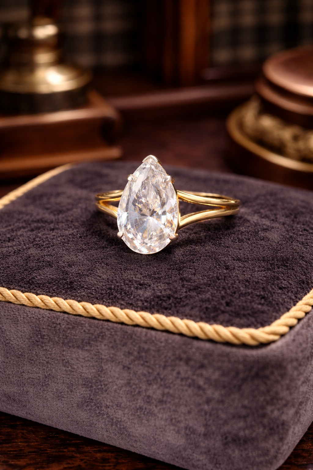 Gold Tone Clear Crystal Pear Solitaire Ring Bridal Inspired Statement Design