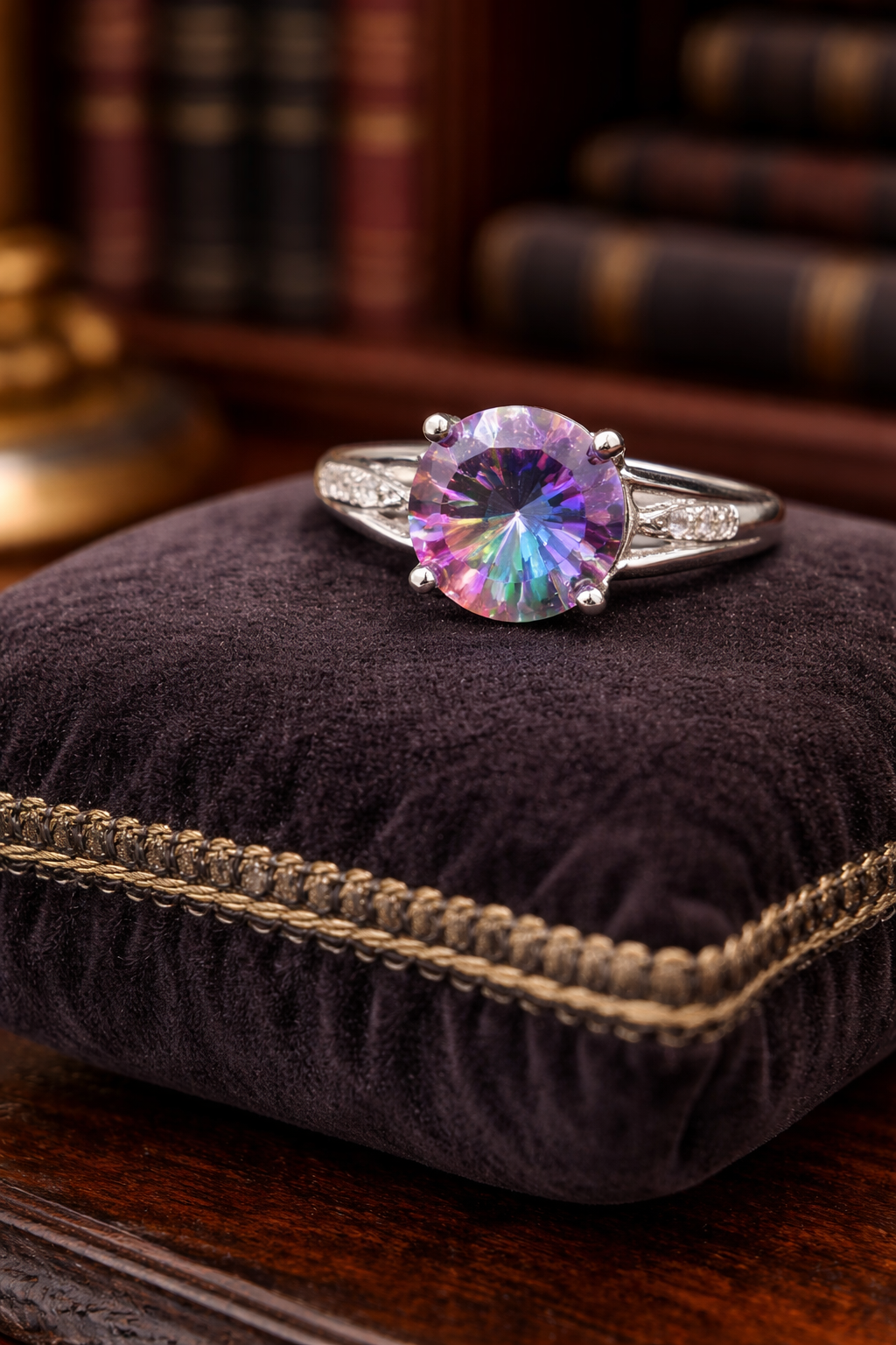 Cortina Mystic Fire Topaz Ring Size 8 Rhodium Plated Sterling Silver Rainbow Quartz CZ Halo Statement Ring