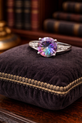 Cortina Mystic Fire Topaz Ring Size 8 Rhodium Plated Sterling Silver Rainbow Quartz CZ Halo Statement Ring