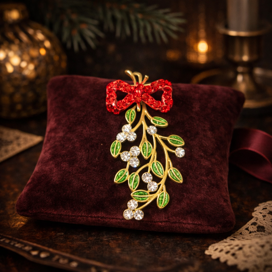 Gold-tone mistletoe Christmas brooch with red rhinestone bow and green enamel leaves