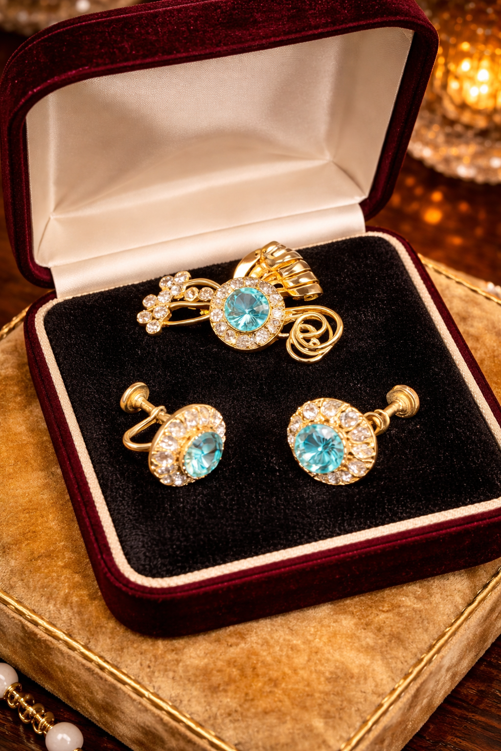 Vintage Blue Rhinestone Brooch and Screw Back Earrings Set Gold Tone Matching Demi Parure
