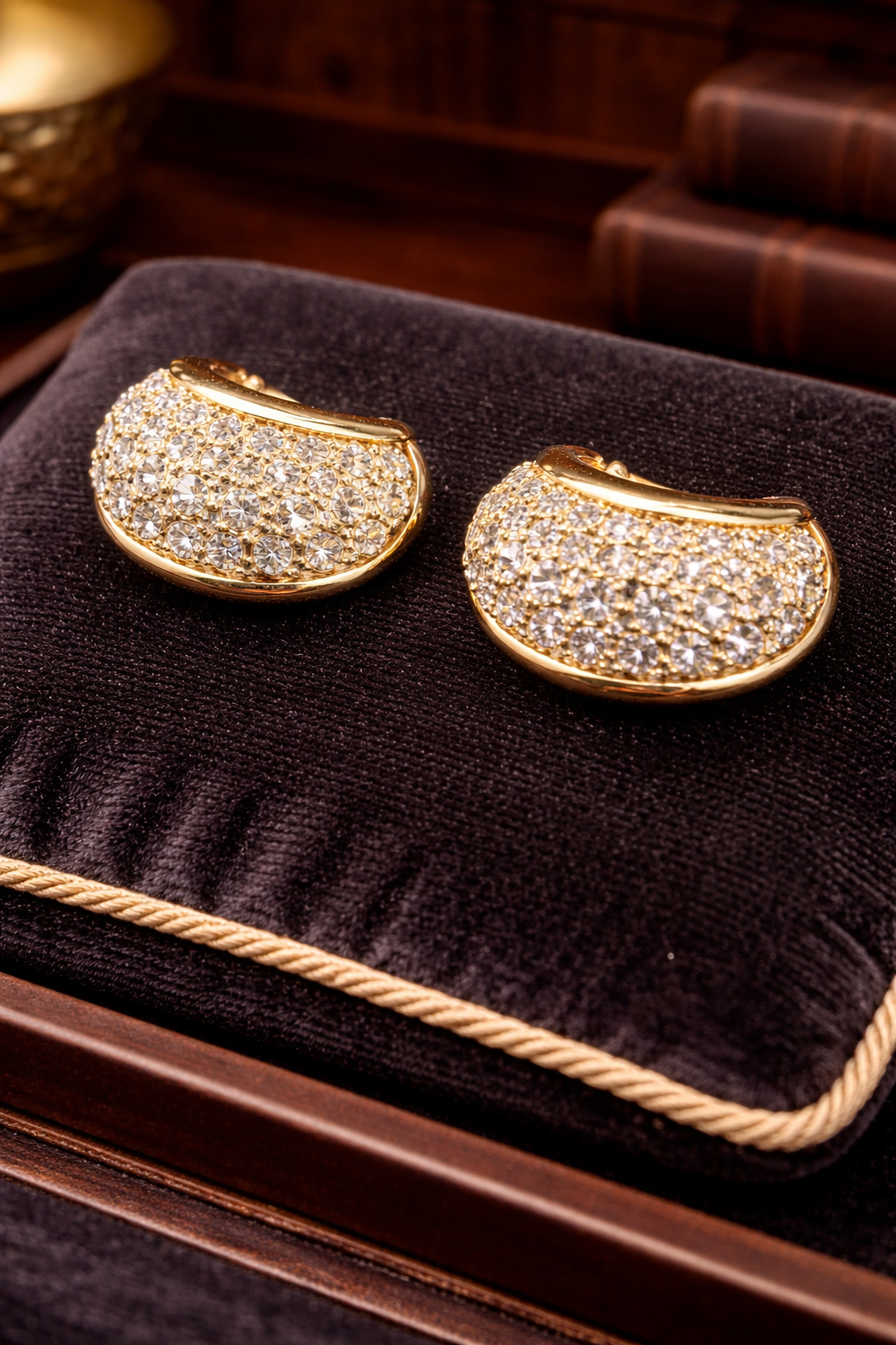 Swarovski Gold Tone Pavé Crystal Clip Earrings Dome Huggie Style Rhinestone Designer Jewelry