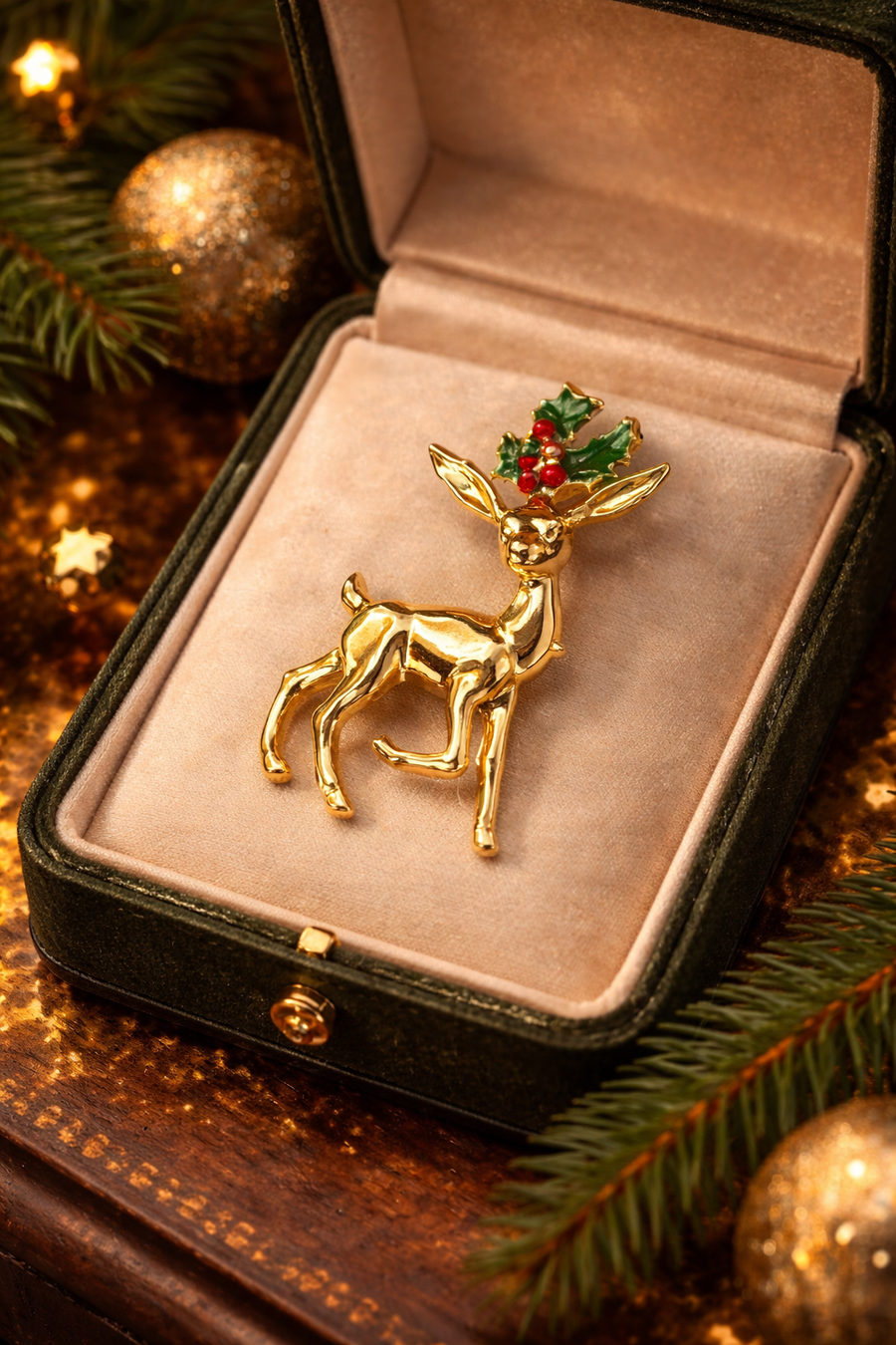 Gold-tone standing reindeer Christmas brooch with green enamel holly crown and red berries