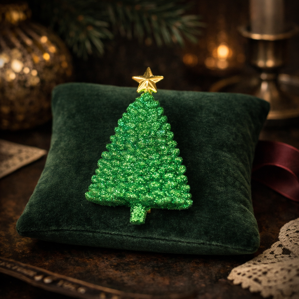 Green glitter Christmas tree brooch with gold-tone star on top