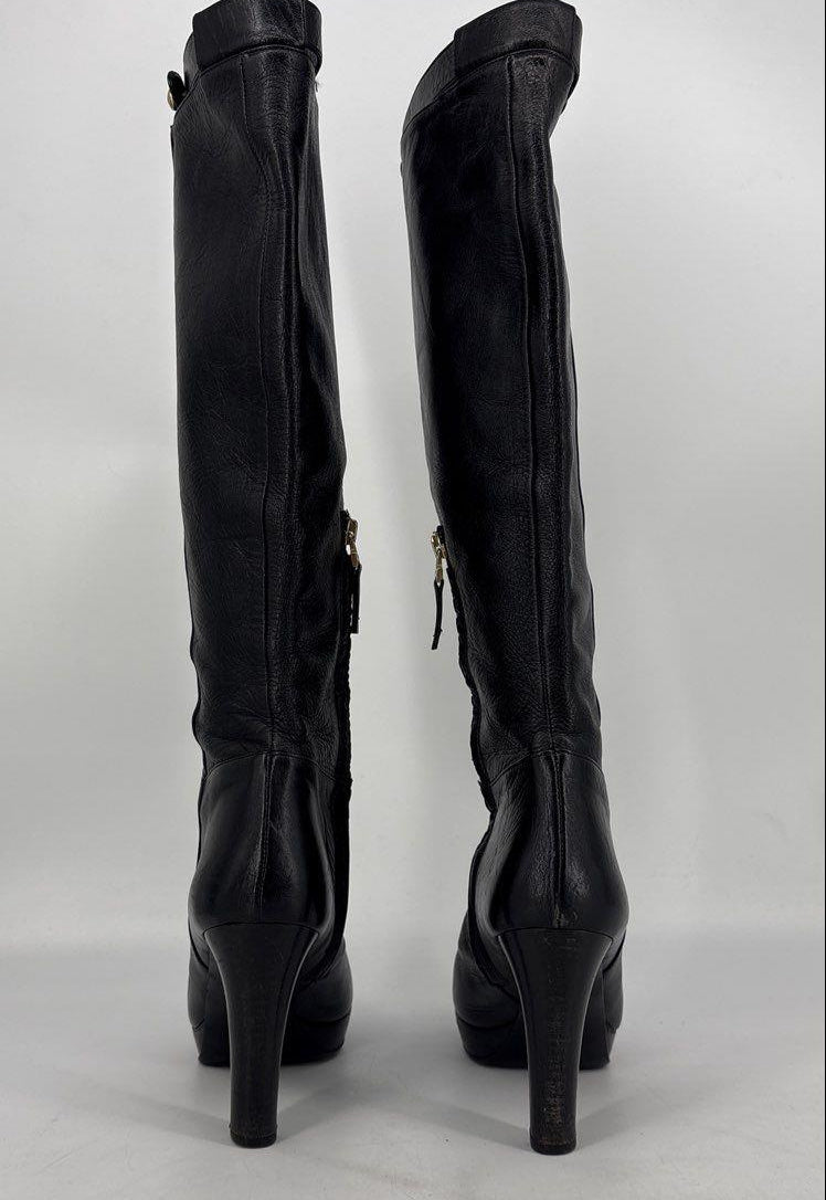 Fendi Black Leather Platform Knee High Boots Side Zip Size 39.5