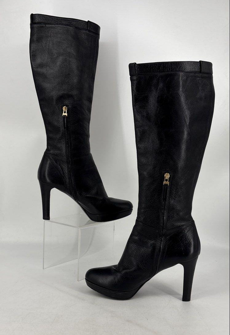 Fendi Black Leather Platform Knee High Boots Side Zip Size 39.5