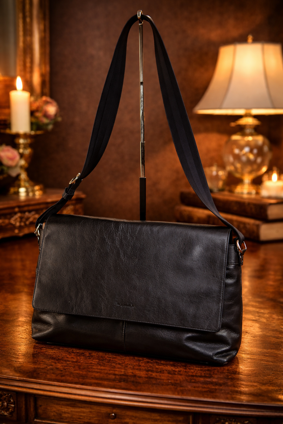 Black smooth leather messenger bag with adjustable shoulder strap and top zip