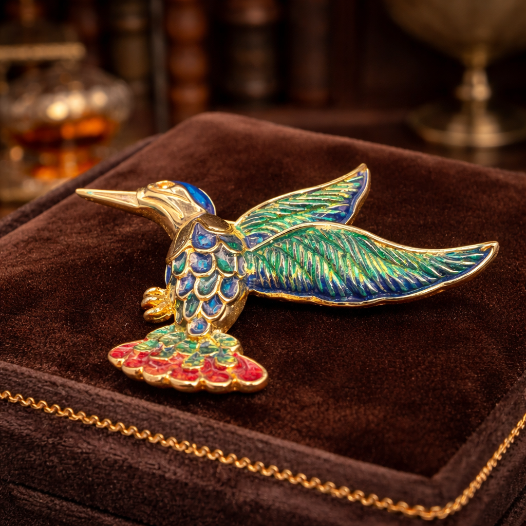 Gold-tone hummingbird brooch with blue, green and teal enamel wings