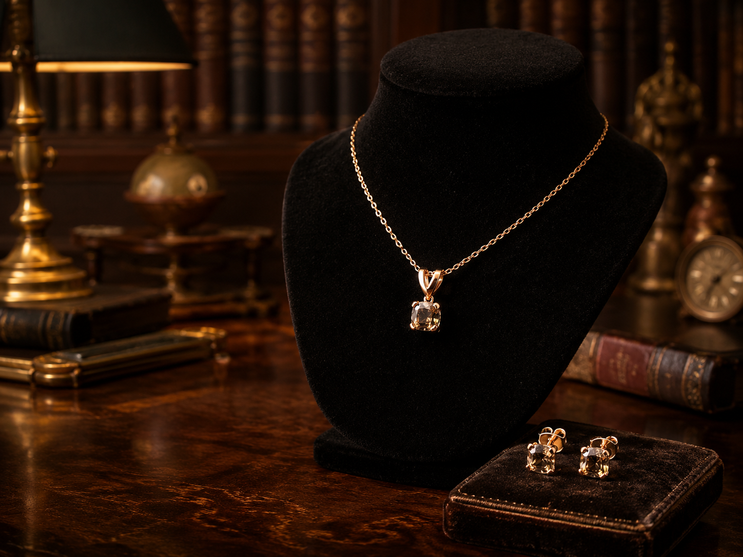 Rose Gold Tone Smoky Quartz Necklace and Stud Earrings Set | Matching Pendant Jewelry Set