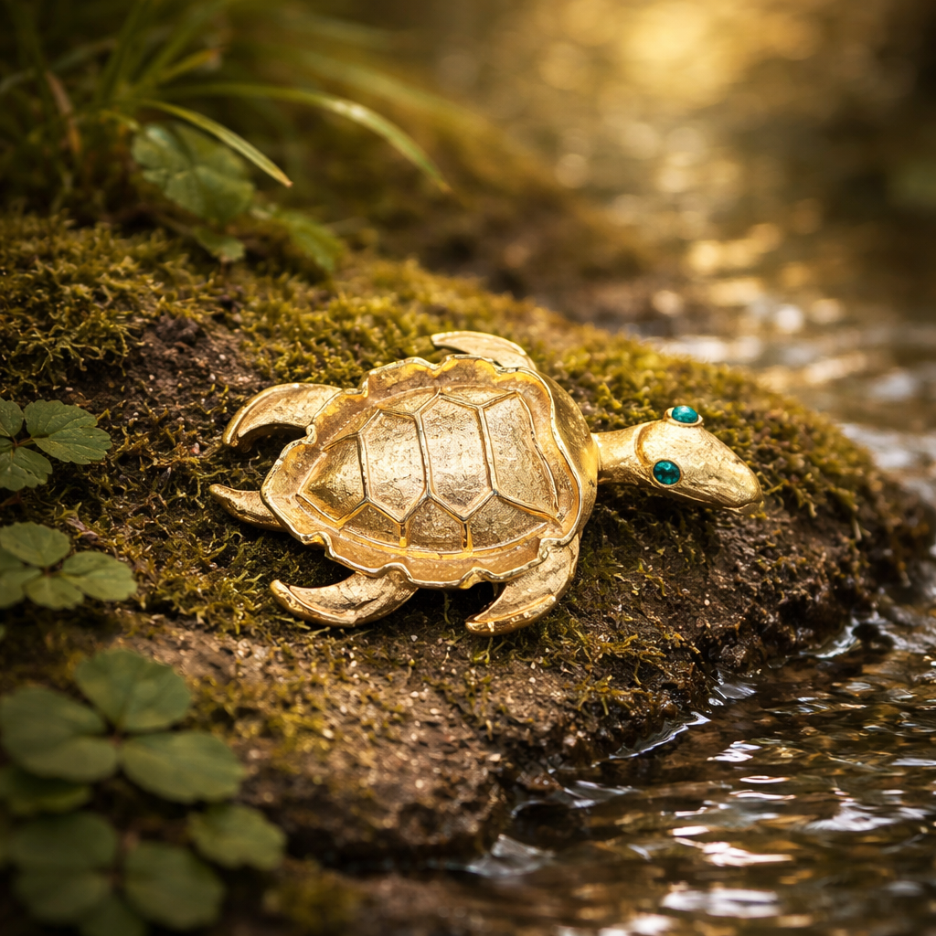 Signed Tradition gold-tone turtle brooch with segmented enamel shell and turquoise-colored eyes