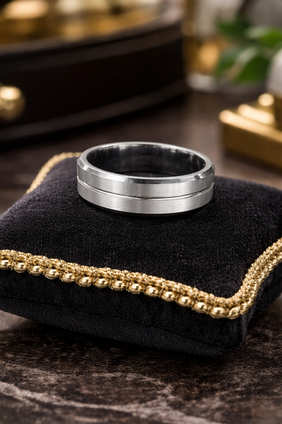 Brushed silver-color tungsten band ring with polished edges
