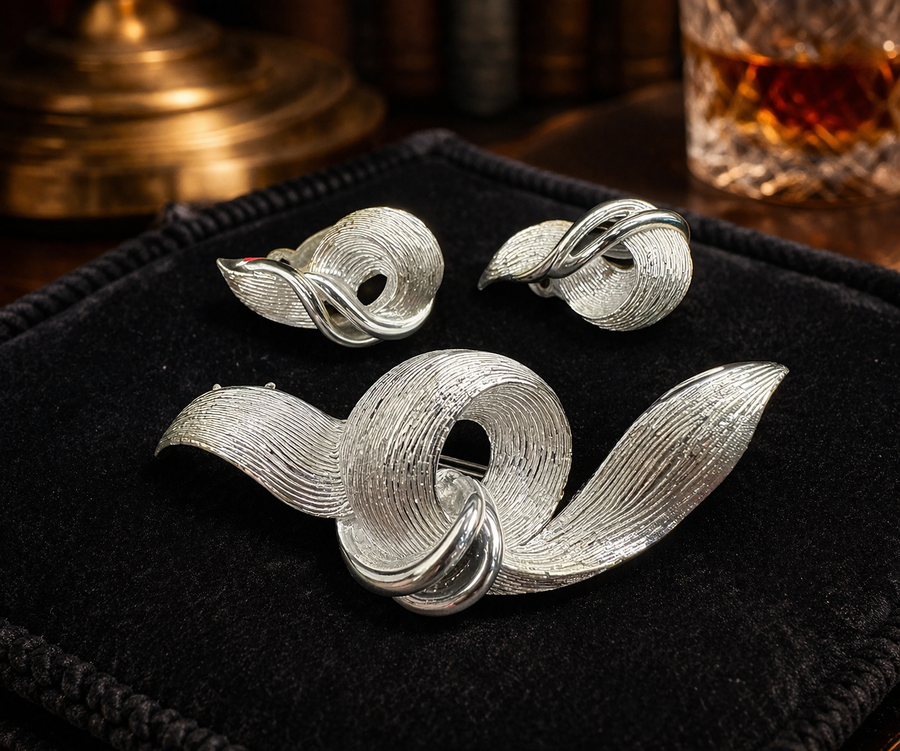 Lisner silver-tone textured swirl ribbon brooch and matching clip earrings